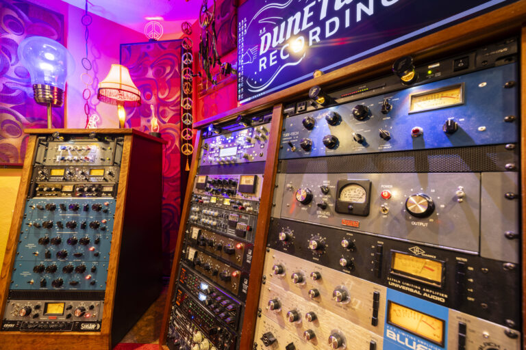 A view of equipment in the DuneTunes control room.